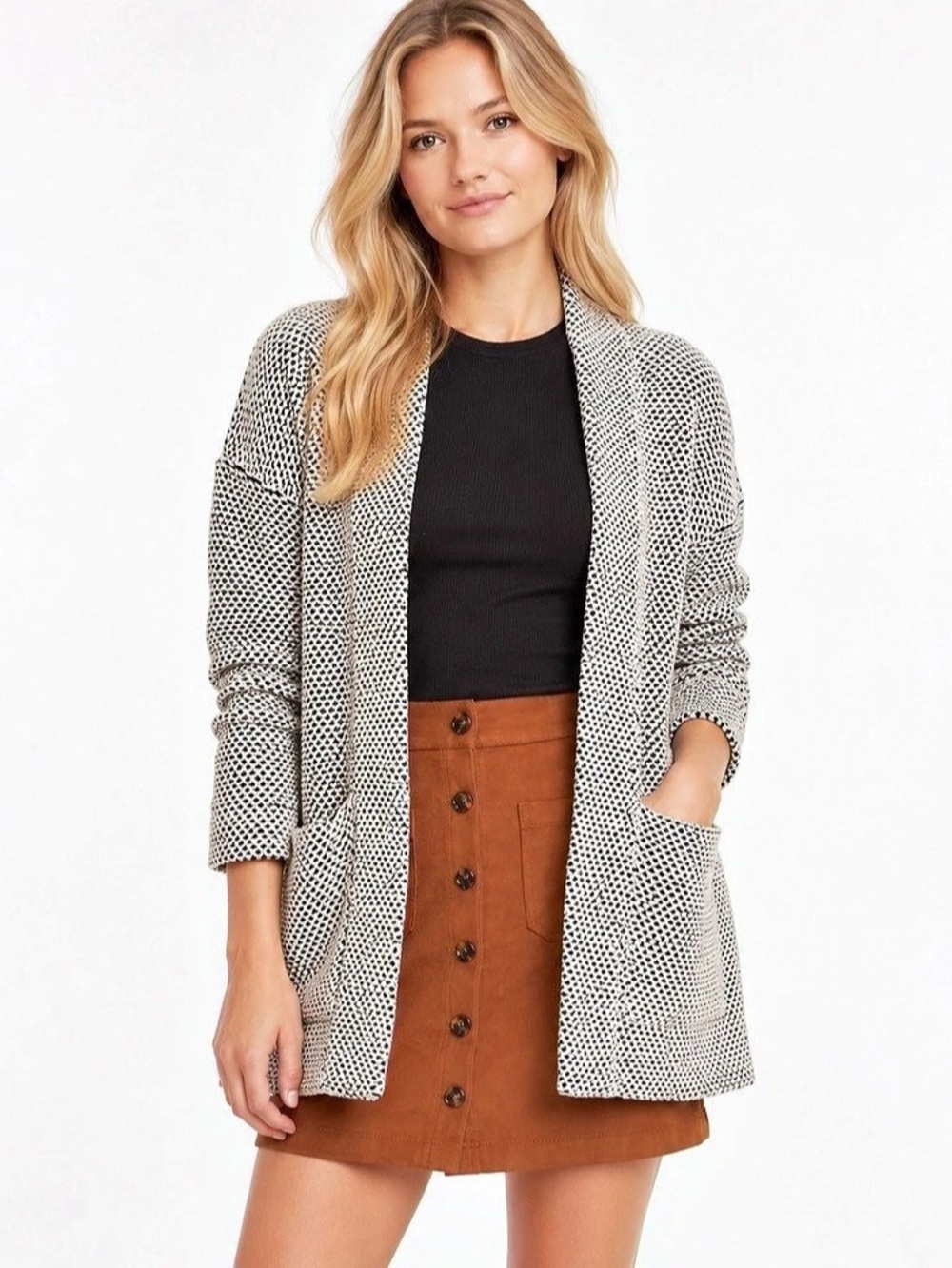 Marine Layer Birdseye Open Front Cardigan Black White XS NWT
